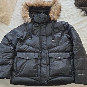Eddie Bauer Black Puffer Jacket with Faux Fur Trim